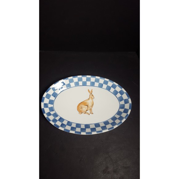 Easter Bunny Rabbit oval serving dish plate Blue Gingham Italian tableware - Picture 10 of 10